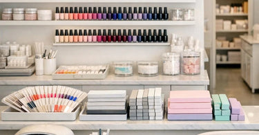 A neatly organized nail salon station with labeled jars of nail files, buffers, tips, and a rainbow display of gel colors for effective par stock planning.