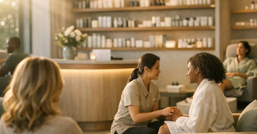 A welcoming spa scene showing a stylist performing balayage highlights, a therapist placing a hot stone during a massage, and a client enjoying a quiet pedicure, representing the iconic regulars of a successful salon.