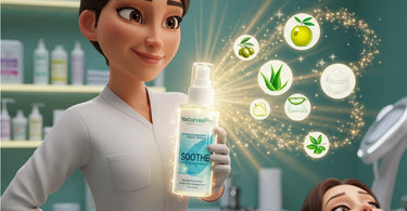 NaturaverdePro SOOTHE After Wax Lotion bottle surrounded by spa accessories on a clean white background