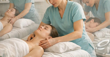 Spa therapist performing a neck and shoulder massage on a client lying on a massage table, illustrating a multi-session wellness package.