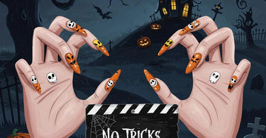 Halloween nail art featuring various spooky decals like ghosts, pumpkins, and bats on beautifully manicured nails