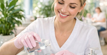 A professional nail technician applying acrylic using odorless monomer liquid in a modern, well-ventilated salon setting.