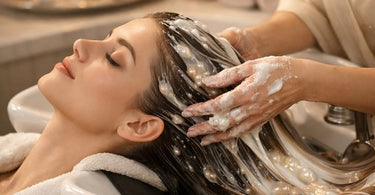 Professional salon treatment showing application of luxurious caviar and silk protein hair mask for deep repair and shine