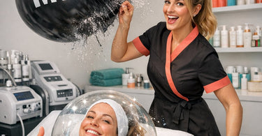 Close-up of an esthetician's hands performing an oxygen facial on a client, demonstrating the professional use of an oxygen machine and serum.