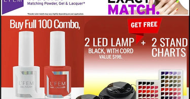 L'Fem's 100 Nail Colors Collection featuring vibrant gel polishes and nail art tools