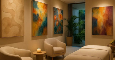 Local artwork displayed in a modern spa reception area creating an inviting ambiance for clients