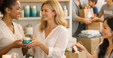 Spa professional smiling while holding product, with client relaxed in background, representing the positive impact of buy-one-give-one partnerships