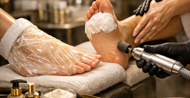 Pedicure add-on menu display with products for callus care, paraffin wax, foot mask, and massage, set in a professional spa.