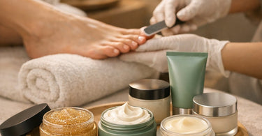 Three glass bowls holding a pink sugar scrub, a creamy white hydrating mask, and a rich yellow foot balm arranged on a spa table with flowers and towels for a pedicure upgrade comparison.