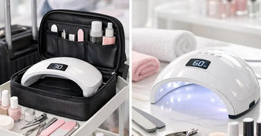 A professional nail technician using a portable UV/LED lamp on a client's nails during a mobile appointment
