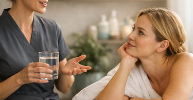 Spa professional giving a glass of water to a relaxed client after a massage, illustrating post-massage hydration myths and aftercare advice.