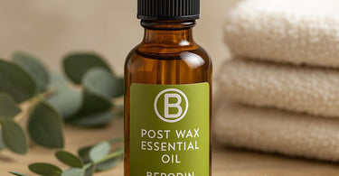Berodin Post Wax Essential Oil Pro Calming Treatment bottle surrounded by spa essentials