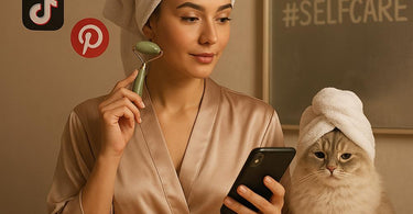 Spa professional creating social media content on tablet while surrounded by luxury spa products