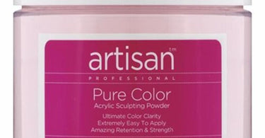 Professional jar of Artisan Premium Pink Acrylic Nail Powder with brush and pink nail art design in background
