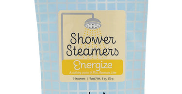 Primal Elements Energize Shower Steamers package showing two mint green tablets with natural ingredients