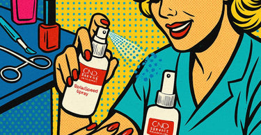 CND Solar Speed Spray bottle with nails drying quickly under glossy light