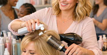 Salon professional applying volumizing mousse to a client's fine hair at the roots before blow-drying