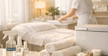 A clean and organized esthetician's workstation with sanitized tools, rolled towels, and disinfection spray, ready for a professional spa treatment.