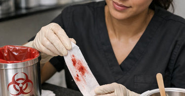 Proper disposal of blood-contaminated waxing strips in a salon setting with gloves and biohazard bag