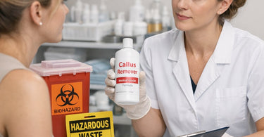 Proper disposal of medical-grade callus remover with biohazard container and safety gloves