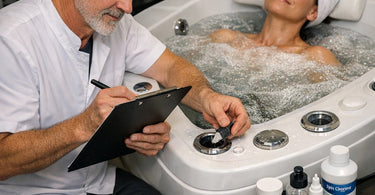 Technician cleaning the interior jets of a modern hydrotherapy tub with a blue cleaning cloth to ensure proper maintenance and hygiene.