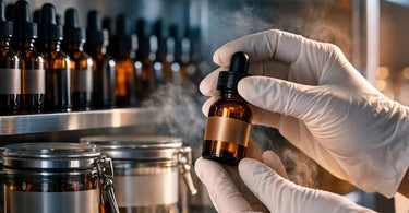A professional aesthetician wearing gloves safely storing bottles of concentrated acid peels in a dark, organized cabinet in a spa treatment room
