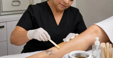 A professional esthetician applying wax over a client's small tattoo on their arm, showing proper technique for hair removal without damaging the ink.