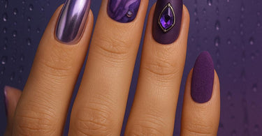 Trendy purple nail designs for 2025 featuring lavender, plum, and holographic shades with rhinestone and marble accents