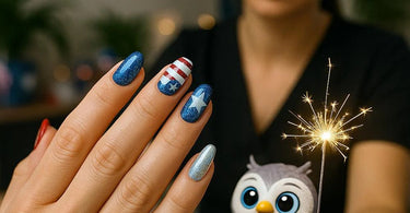 Patriotic nail designs featuring red, white and blue sparkle patterns with rhinestone accents for 4th of July