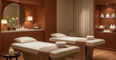 A serene spa setting with elegant spa tables, aromatherapy oils, and heated towels, showcasing the art of relaxation and elegance.