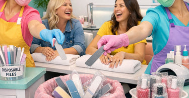 A clean, organized nail salon station featuring sealed packages of single-use emery boards, disposable pedicure liners, and compressed sponges laid out on a hygienic surface