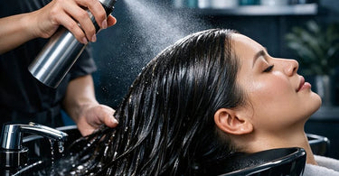 A stylist applying a leave-in hair treatment to a client's hair in a modern, sustainable salon setting, showcasing no-rinse hair care alternatives.