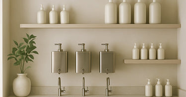 Modern spa refill station with various dispensers for lotions, oils, and scrubs in a clean, organized setting