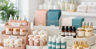 A bright and organized salon counter display featuring retail products like cuticle oils and scrubs, designed to encourage impulse purchases from waiting clients.
