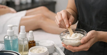 A curated selection of post-wax care retail products including serums, oils, and scrubs displayed on a modern spa counter for hard wax clients.