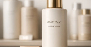 A salon professional confidently holding a premium shampoo bottle, smiling at the camera with a well-organized retail shelf of professional beauty products in the background.