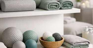 Collection of self-care tools including foam rollers, massage balls, and a heat wrap displayed on a spa table for retail