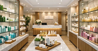 A modern, well-lit glass retail display case in a spa or salon, filled with attractive skincare and beauty products, demonstrating effective merchandising.