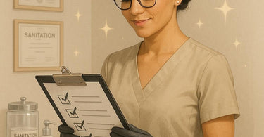 Spa professional reviewing compliance documents with license visible