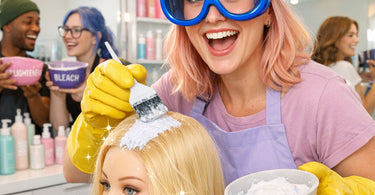 A professional hairstylist applying high-lift lightener to a client's hair in a well-equipped salon, showcasing safe and precise technique.