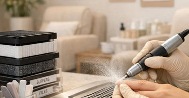 Salon dust control essentials including nail files, buffers, and tips for a clean professional workspace from Pure Spa Direct.