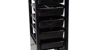 Salon Masters professional hair styling trolley with multiple shelves and towel bar