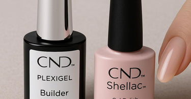 Gel polish and builder gel bottles with manicure tools on a salon table