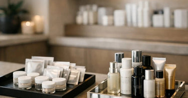 A spa professional hands a client a small jar, representing a sample or trial size product, in a beautifully lit spa treatment room with other retail products in the background.