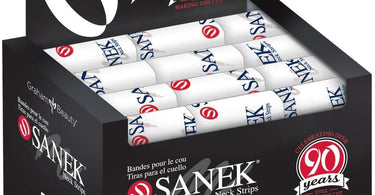 A bulk box of Sanek Neck Strips with 720 count, essential disposable neck protectors for professional salon and spa services like hair coloring and waxing.