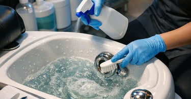 A close-up view of a spa professional's hands cleaning the jets of a white whirlpool pedicure spa with a blue brush, with cleaning supplies visible nearby.