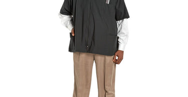 Scalpmaster Poly Cotton Barber Jacket in sleek black with front zipper, shown on a mannequin
