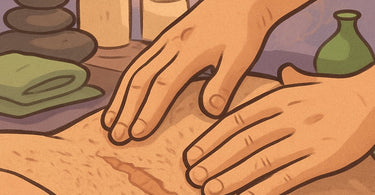 Close-up of a therapist's hands performing cross-fiber friction massage on a client's scar tissue on their back