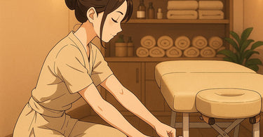 Spa professional demonstrating proper ergonomic posture while performing a service, with a well-organized schedule book in the foreground