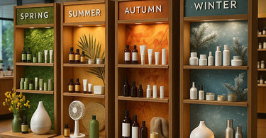 A beautifully merchandised seasonal spa retail endcap display showing problem and solution based product groupings for waxing, skincare, and nail care.